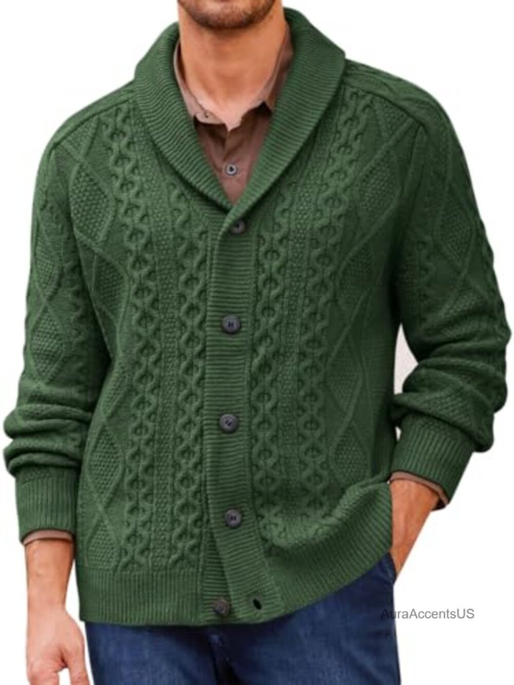 Men's Cable Knit Cardigan Sweater Shawl Collar Button Up Long Sleeve Warm Winter